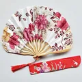 Japanese style sateen folding fan with pink floral pattern and matching red fabric sleeve - No.13 Red Pattern / Single Piece (With Bag)