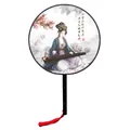 Detailed view of vintage Chinese round fan with elegant lady and guqin painting - Lady Playing Guqin / 20cm