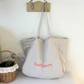 Minimalist large capacity beige canvas tote bag with orange text embroidery - Light Gray