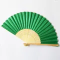 Close-up of a green silk folding fan with traditional carved bamboo frame - Dark Green (No.23)