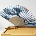 Abanico plegable japonés con la Gran Ola de Kanagawa y varillas de bambú natural - Estilo Ola Bambú Segundo-Borla Marrón