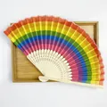 Rainbow folding fan with vibrant colorful striped pattern and elegant bamboo frame - 21cm / Bamboo Rib Round Edge