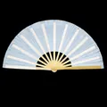 Detailed view of a light blue silk folding fan with natural bamboo ribs for Tai Chi - Natural Bone White Face