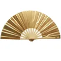 Detail view of 33cm gold folding fan with natural bamboo ribs for martial arts. - Natural Bone Gold Face
