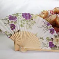 21cm Japanese floral folding fan with natural bamboo ribs and purple flower pattern - Style 9 Purple