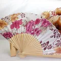 21cm Japanese style folding fan with purple floral print and bamboo ribs - Style 11 Red Flower Vine