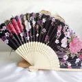 Elegant 21cm Japanese style floral folding fan with black satin fabric and bamboo frame - Size 14 / Black