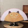 Handheld Japanese style folding fan featuring a cute cat face design with a tassel - Premium Bamboo Brown Cat / Brown