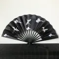 Traditional 23cm black folding fan with white crane pattern and silk tassel accessory - Black Rib Black Face Crane / Black