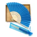 Elegant blue folding bamboo hand fan with a matching organza gift bag set for weddings - No.11 Lake Green