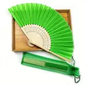 Elegant green Chinese silk folding fan set with matching organza gift bag for weddings - No. 8 Green