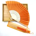 Elegant orange silk folding fan with bamboo ribs and matching organza gift bag - No.12 Orange