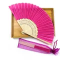 Elegant pink silk folding fan with bamboo ribs and matching purple organza gift bag - No.14 Rose Red