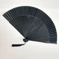 Elegant traditional Chinese style pure black folding kung fu fan with matching silk tassel - Erqing Black Large Hand Fan / Solid Black