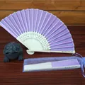 Elegant purple silk folding fan with bamboo ribs and matching organza drawstring bag - Light Purple