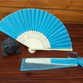 Handmade blue Chinese silk folding fan with bamboo ribs and matching mesh gift bag. - With Organza Bag / Lake Green