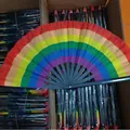 Gran abanico plegable arcoíris de 33cm con varillas de bambú para Kung Fu y danza - Base Púrpura Arcoíris