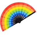 Großer 33cm Klappfächer mit bunten Regenbogen-Stoffstreifen und schwarzen Bambusrippen - Schwarzer Bambus Regenbogen