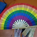 Vibrant rainbow striped folding bamboo fan for dance performance and martial arts. - Rainbow Stripes (No. 12) / Natural Bamboo Frame / Rainbow