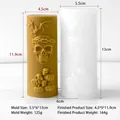 Halloween skull column candle silicone mold with finished wax candle and dimensions - Skull Cylinder J-5652