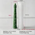Santa Claus long pillar candle silicone mold with finished green wax candle showing dimensions - Santa Claus Mold J-5740