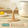 Elegant standing silicone rice paddle with natural wooden handle, non-stick kitchen spatula. - Standing Translucent Wood Handle / Off White