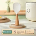 Food-grade standing silicone rice spoon with heat-resistant wooden handle in white - Standing Solid Wood Handle / Off White