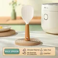 Standing silicone rice paddle with heat-resistant wooden handle in elegant cream - Hooked Solid Wood Handle / Off White