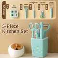 Juego de 5 utensilios de cocina verde menta que incluye pelador, tijeras y cuchillo con base - Juego de Cocina de 5 Piezas / Azul