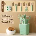 Juego de 5 utensilios de cocina verde menta con pelador, tijeras, cuchillo y base - Juego de Cocina de 5 Piezas / Verde