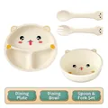 Cute cat-themed food-grade silicone baby tableware set with plate, bowl, spoon, and fork - Three-Piece Set / Beige
