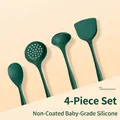 Dark green 4-piece silicone kitchen utensil set with heat resistant spatulas. - Four-Piece Set / Dark Green
