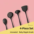 4-piece heat-resistant black silicone kitchen utensil set with ladle and spatula. - Four-Piece Set / Black