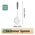 Professional food-grade silicone slotted spoon with purple handle and measurement details - Translucent Purple White Skimmer