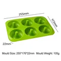 Green silicone 6-cavity donut baking mold featuring product dimensions and weight - Round Donut Style (J-140) / Green