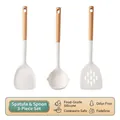3-piece white silicone kitchen utensil set with natural wooden handles for non-stick pans - New Kitchenware [3-Piece Utensil Set]