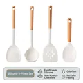Professional 4-piece white silicone kitchen utensil set featuring ergonomic wooden handles - New Kitchenware [4-Piece Rice Paddle Set]