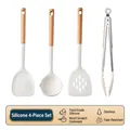 High-quality 4-piece white silicone kitchen utensil set with natural wooden handles - New Kitchenware [4-Piece Food Tong Set]