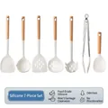 Premium 7-piece white silicone kitchen utensil set with heat-resistant wooden handles - New Kitchenware [7-Piece Deluxe Set]