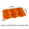 Orange 6-cavity silicone donut baking mold with size and weight dimension details. - Round Heart Bottom Style (J-253) / Orange