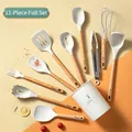 11-piece white silicone kitchen utensil set with heat-resistant wooden handles - 11-Piece Set / Off White