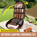 Portable outdoor camping kitchen utensil set in a compact beige zip-up carrying case - Stainless Steel Style (Square Bag) / Stainless Steel Kitchenware 10-Piece Set