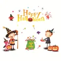 Cartoon Halloween static window stickers set featuring witch, pumpkin and ghost designs for glass - Wizard Fairytale Style (HYW-006)