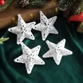 Four white glittery hollow star Christmas tree ornaments on green velvet - 8cm 4 Pieces/Pack / Glitter White