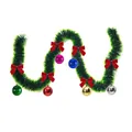 2M dark green Christmas tinsel garland decorated with red bows and colorful ball ornaments - 6 Colorful Balls + 6 Red Bows Style