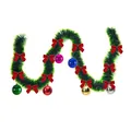 2m dark green Christmas tinsel garland decorated with red bows and colorful ball ornaments - 6 Colorful Balls + 12 Red Bows Style
