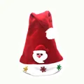 Close-up of children's Santa hat with cartoon Santa appliqué and colorful snowflakes. - Santa Claus