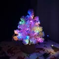 Détail d'un sapin de Noël rose floqué avec des guirlandes LED multicolores dans le noir - Lumières de Noël / 30cm / Rose