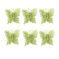 Six green glittery butterfly Christmas tree ornaments with fine hollow design. - Light Green