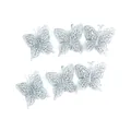 Detailed view of six silver glitter butterfly ornaments for Christmas tree decor - 7cm (6 Pieces/Pack) / Silver